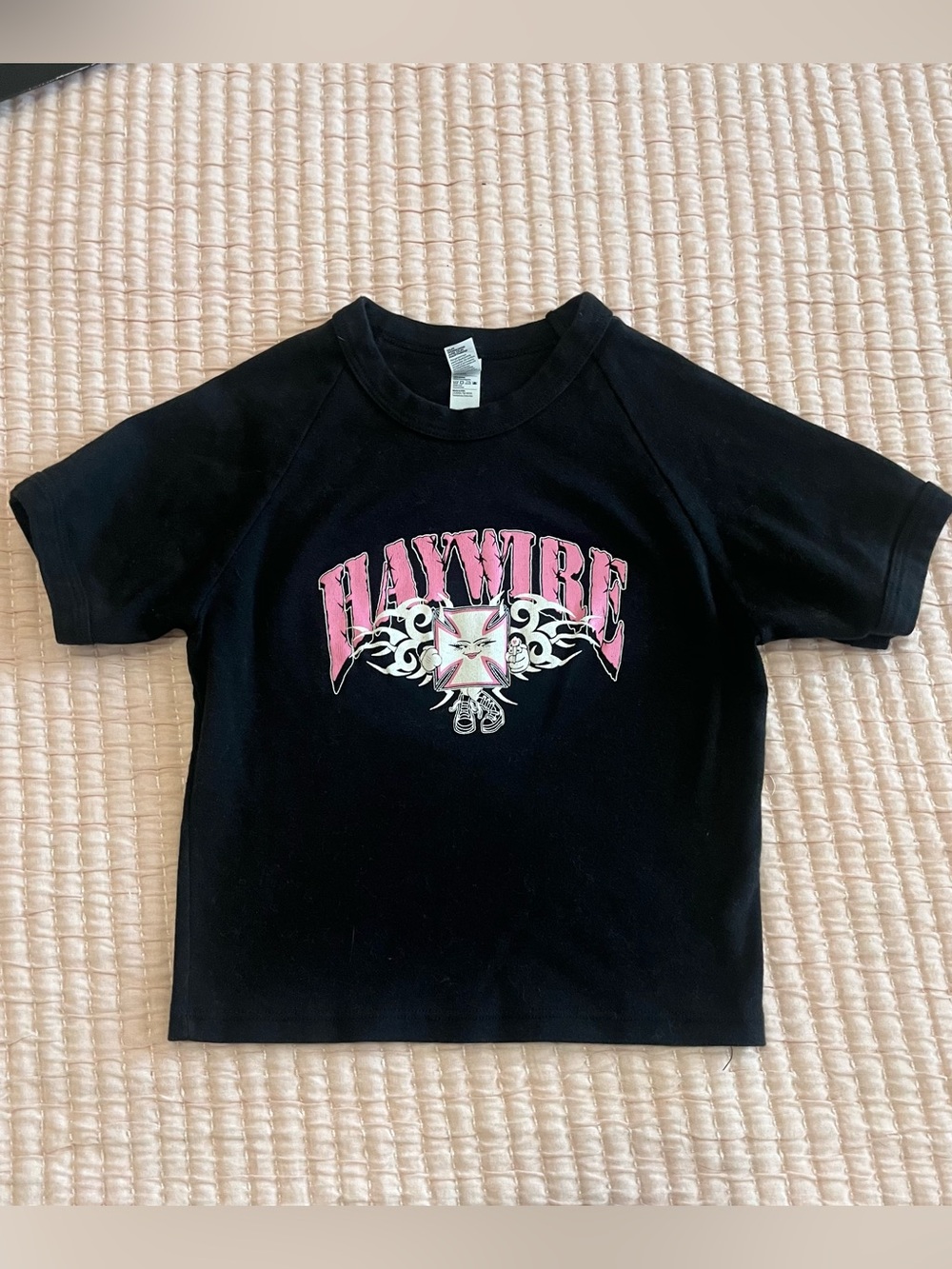 Haywire Band Tee Cropped Black with Graphic & Pink Lettering size small